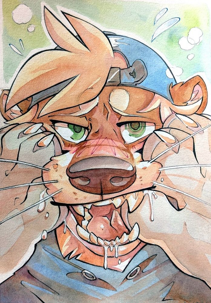 Watercoloured portrait of an anthro otter with furry pawfeet on his face. He looks to like it a lot, he's smiling, blushing and drooling...