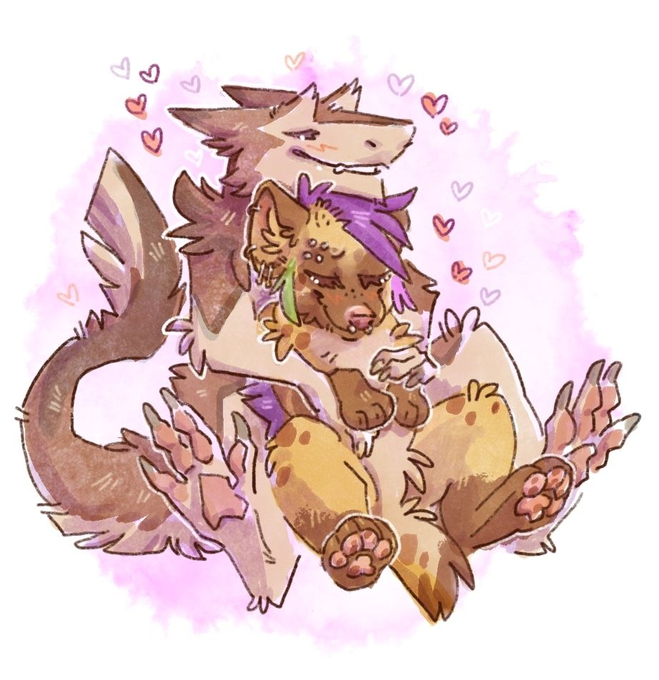 Digital coloured sketch of Rakipu, a brown sergal, cuddling Mlice, a punky hyena