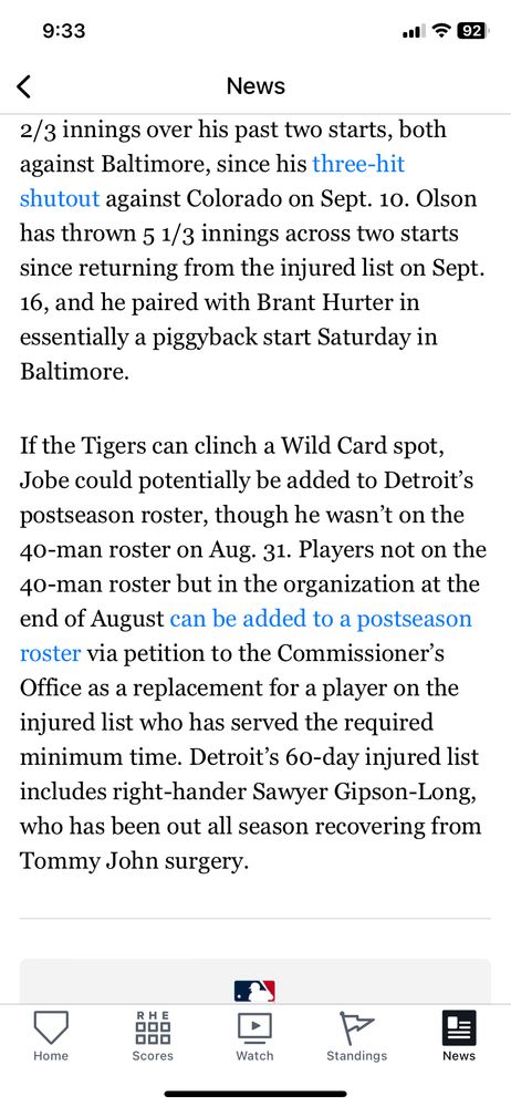 Screenshot of Mlb.com story saying Jobe is eligible for postseason