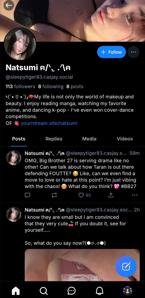 Natsumi account showing it is an OF account and possibly a bot.
