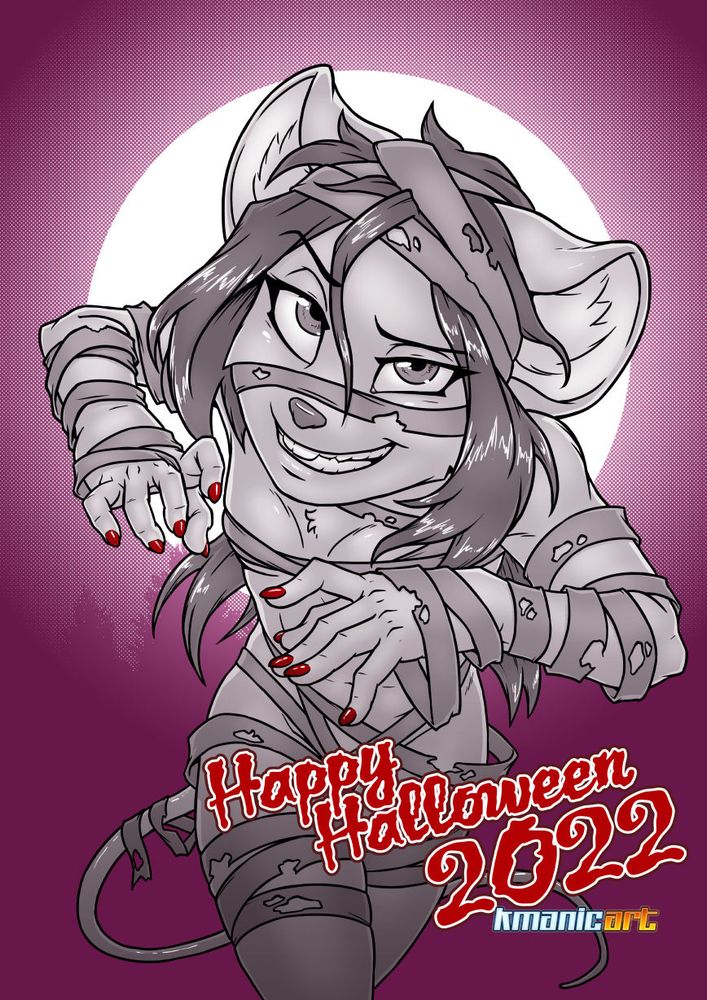 Sam wearing a mummy costume made up of tattered bandages loosely wraped around her body and around her head. Her hair is down, looking dishevelled. She's stalking towards the viewer, with a creepy grin on her face. Her fingernails are painted red. The background is a full moon on a mauve-tinted background.