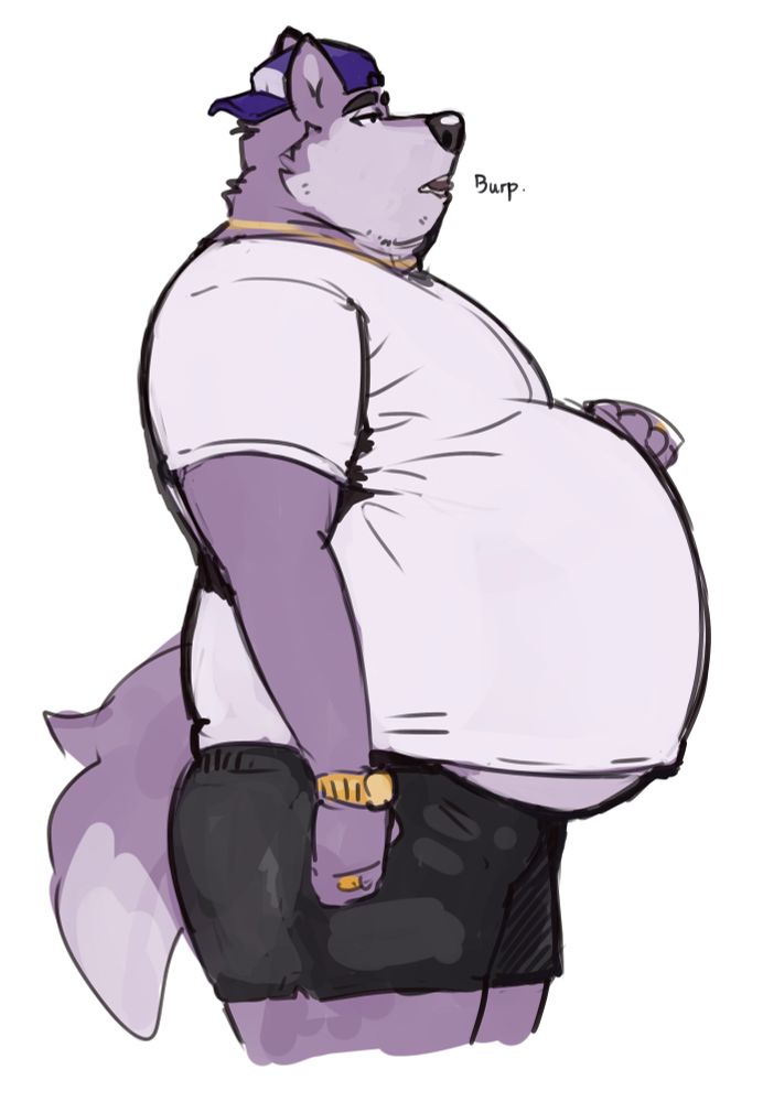 Profile shot of a fat stuffed wolf with his belly peeking out of a shirt

