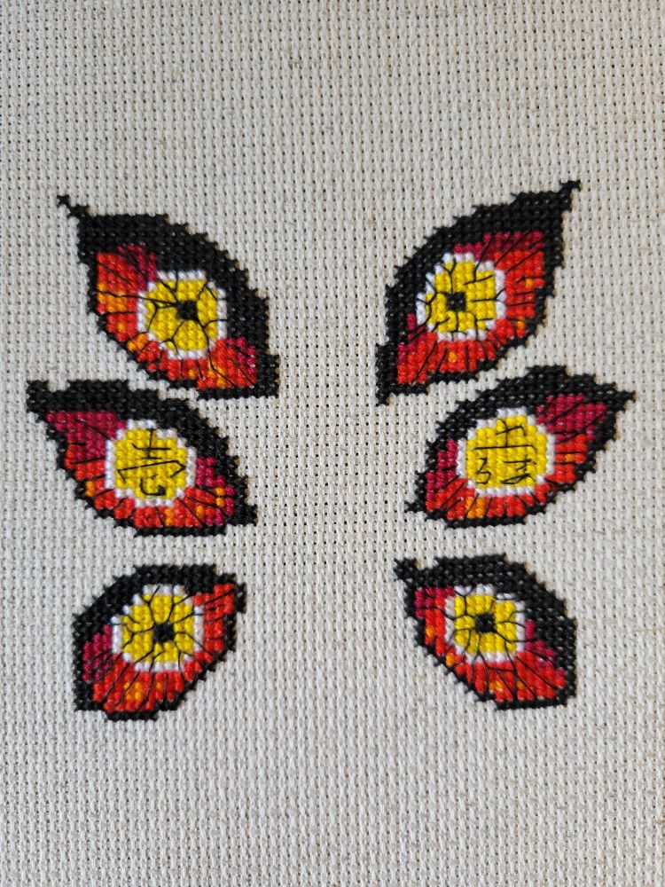 A finished cross stitch of upper moon one's eyes.