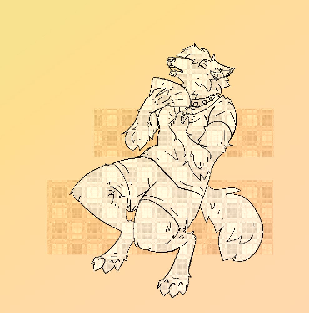 pixel art drawing of an anthropomorphic borzoi in shorts and a t-shirt, fanning himself while suffering from the summer heat