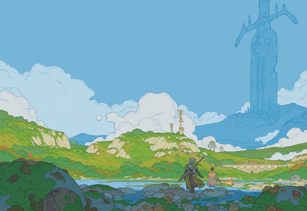 Two adventurers with swords walk through a marsh towards a landscape full of green fields. In the distance there is a massive sword/spaceship embedded into a mountain.
