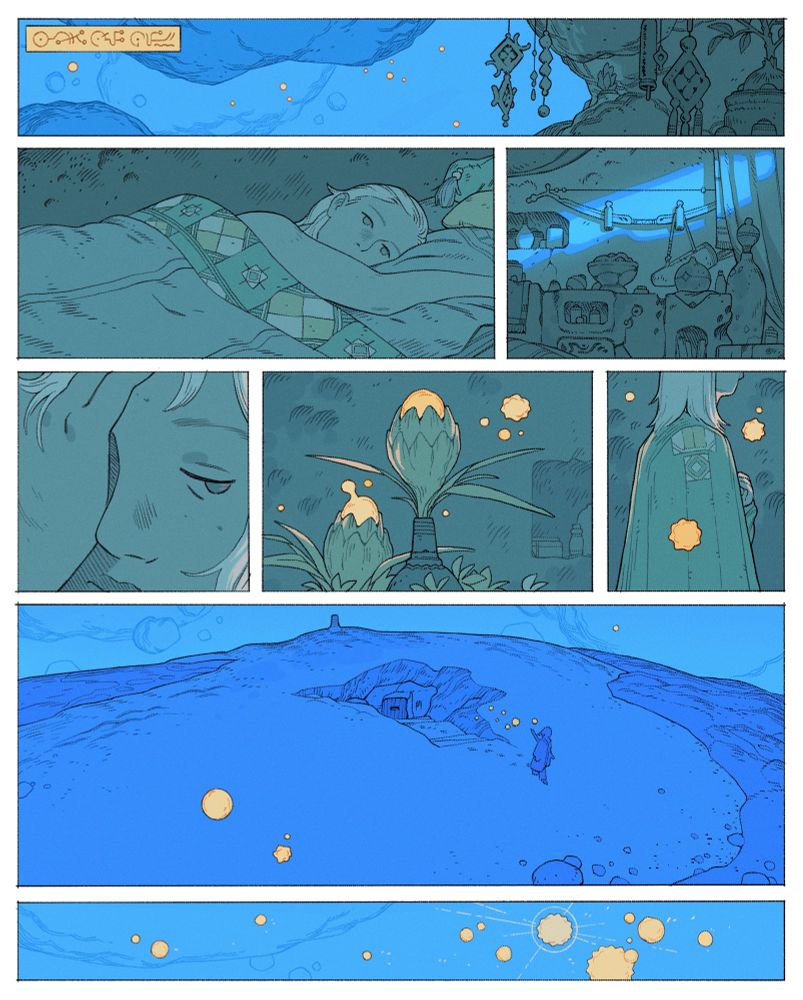 Comic page depicting a person waking up inside a house carved into an asteroid, they get dressed as they are surrounded by stars. They leave their home followed by stars.