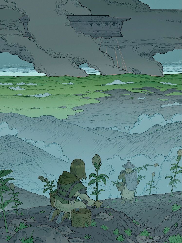 Digital painting of a landscape with a large airship burning a forest in the distance. Two people plant trees in the foreground.