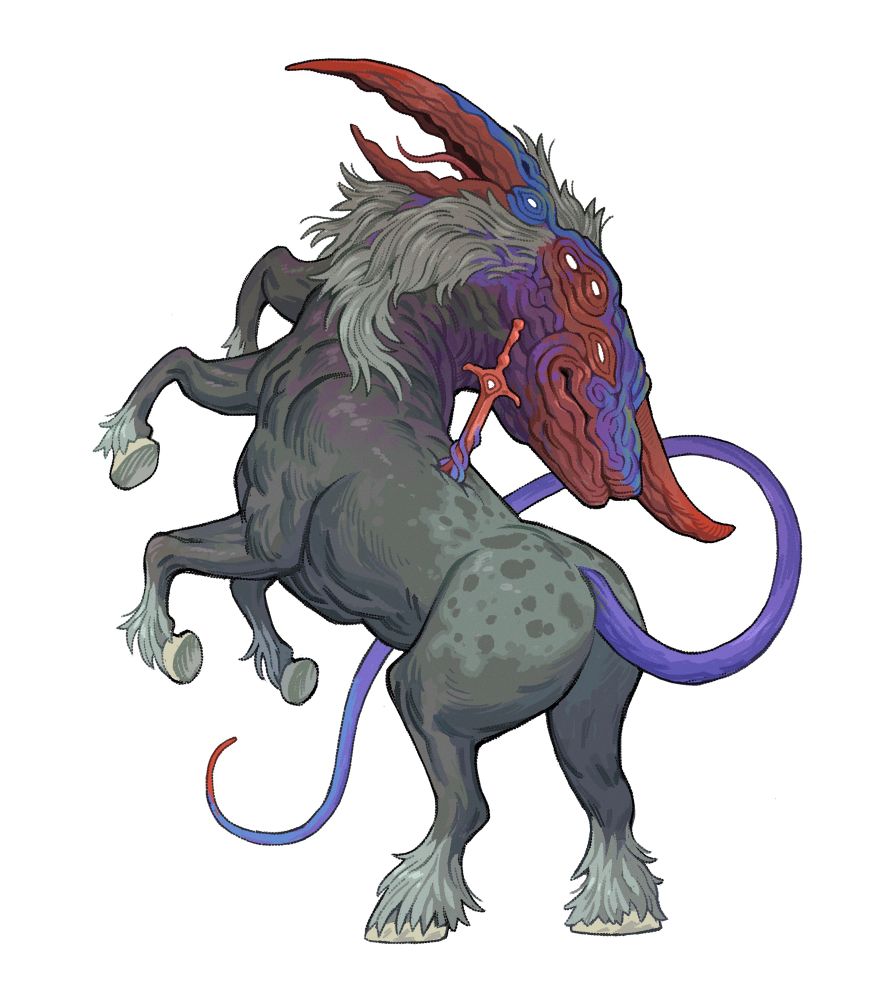 A digital painting of a horse transforming into a monster. A sword is embedded in its back.