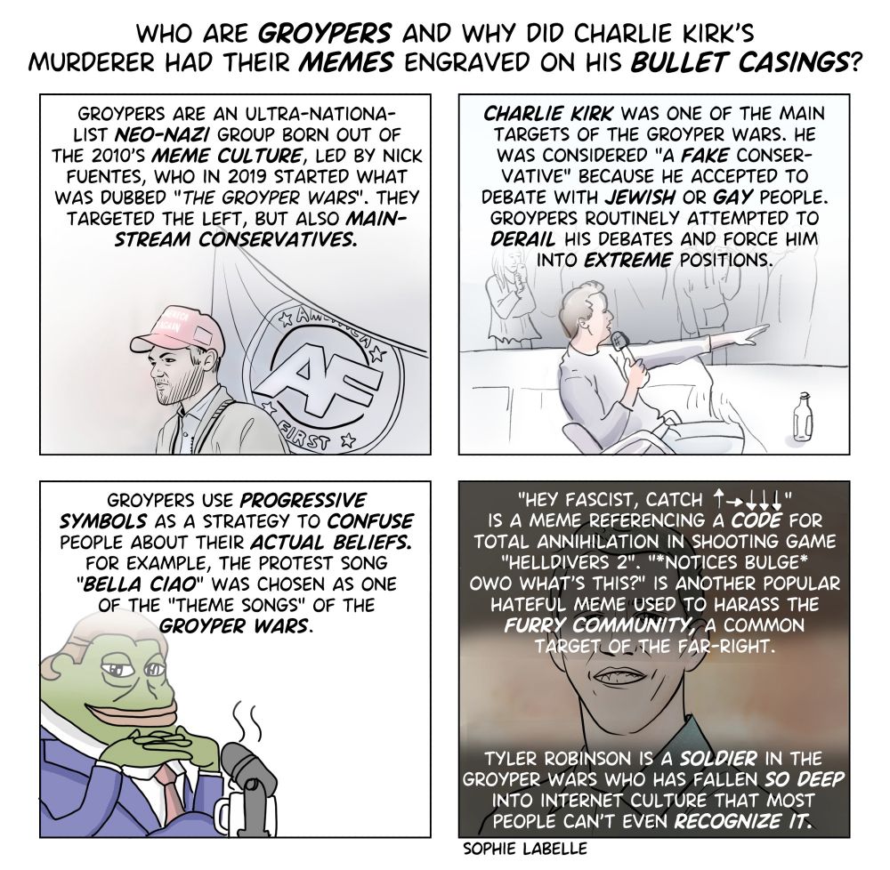 A four-panel explainer comic:
Who are groypers and why did charlie Kirk's murderer had their memes engraved on his bullet casings?

Panel 1: Groypers Are An Ultra-nationalist are an ultra-nationalist neo-nazi group born out of the 2010's meme culture, led by Nick Fuentes, who in 2019 started what was dubbed "The Groyper Wars". They targeted the left, but also mainstream conservatives. (The drawing for this panel is an angry young man in a MAGA hat, Nick Fuentes, with an AF insignia behind him.)

Panel 2: Charlie Kirk was one of the main targets of the Groyper Wars. He was considered "a fake conservative" because he accepted to debate with Jewish or gay people. Groypers routinely attempted to derail his debates and force him into extreme positions. (The drawing shows a recorded debate of Kirk.)

Panel 3: Groypers use progressive symbols as a strategy to confuse people about their actual beliefs. for example, the protest song "Bella Ciao" was chosen as one of the "theme songs" of the Groyper Wars. (The drawing is off a frog troll meme)

Panel 4: "Hey fascist, catch ↑→↓↓↓" is a meme referencing a code for total annihilation in shooting game "Helldivers 2". "*notices bulge* OwO what's this?" is another popular hateful meme used to harass the furry community, a common target of the far-right.

Tyler Robinson is a soldier in the Groyper Wars who has fallen so deep into internet culture that most people can't even recognize it. (Picture of a white boy, mostly hidden by text).

By Sophie Labelle