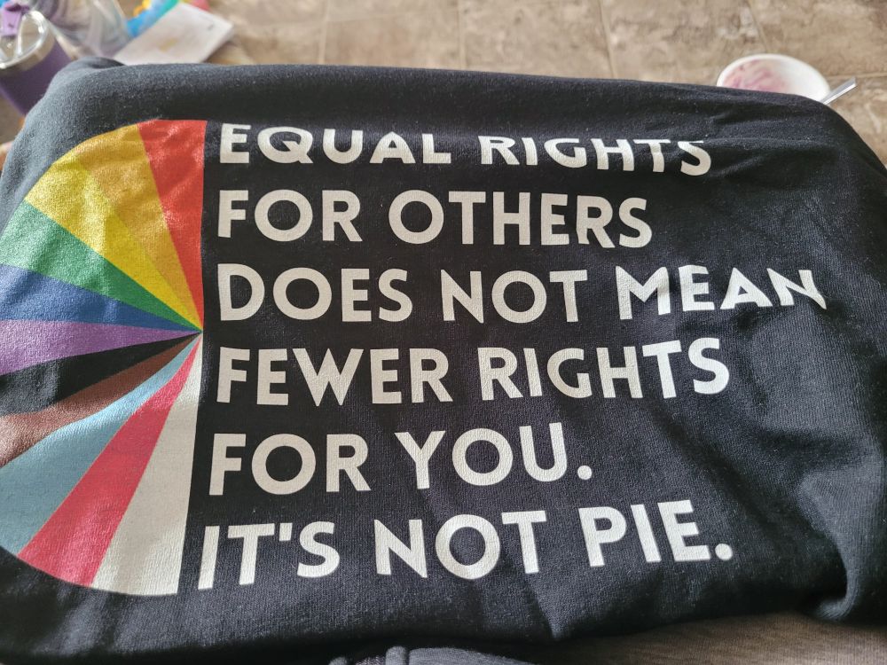 Graphic tshirt which says "Equal Rights for others does not mean fewer rights for you. It's not pie. On the left is a semicircular 'pie' of the Pride flag colors