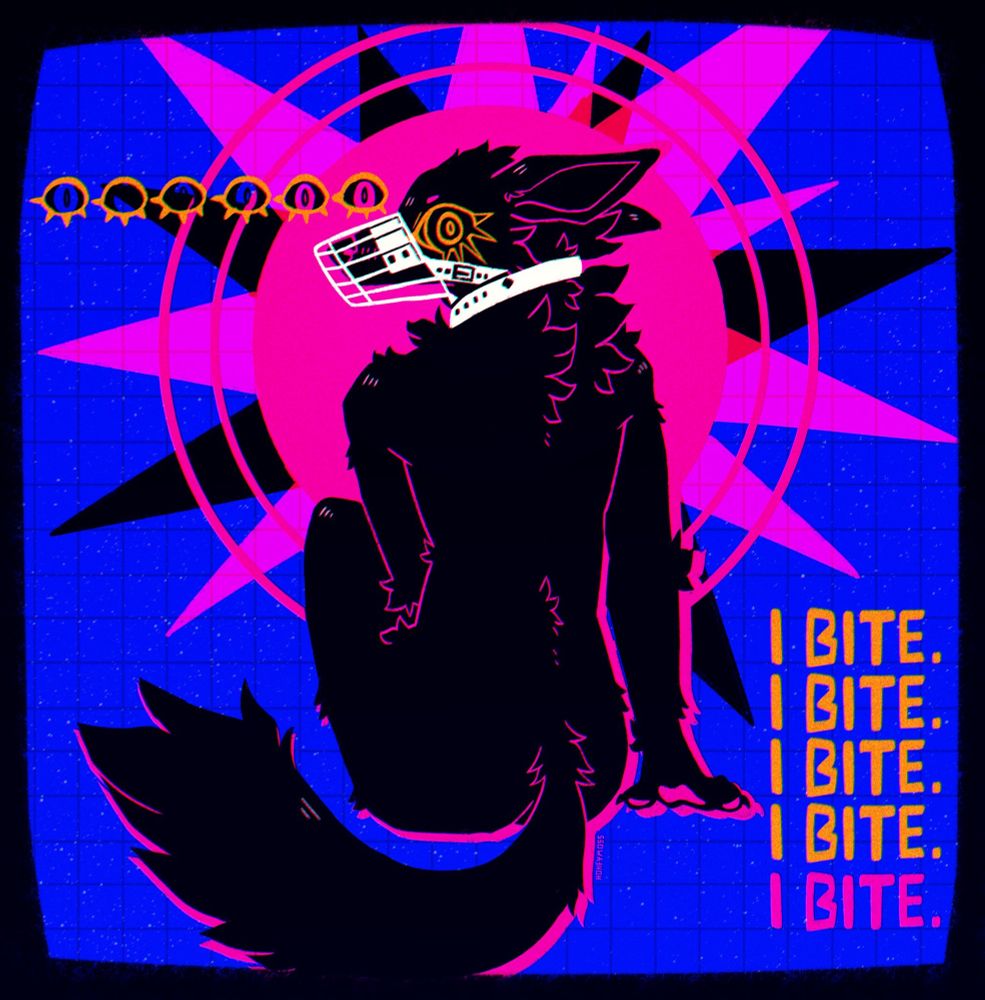 Black sillouhette anthro wolf with back facing viewer. She is muzzled with an intense stare facing back. Text on the right says “I BITE.” five times.