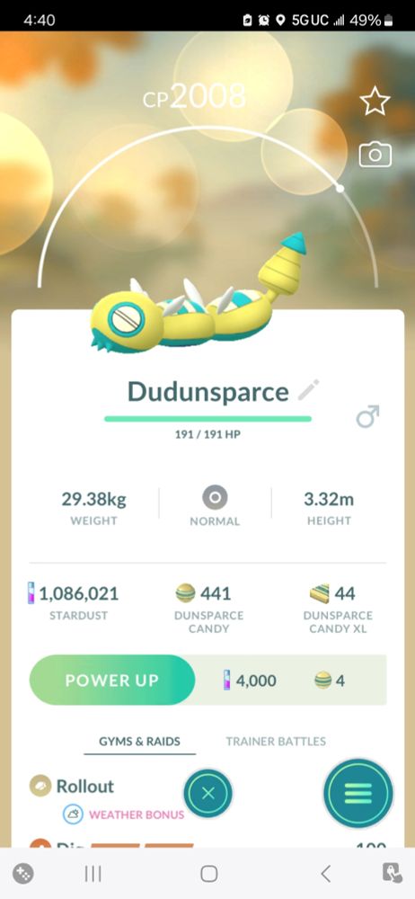 Pokemon Go screenshot of a two segment Dundunsparce.