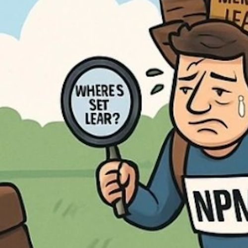 A close-up crop of an AI generated image from LinkedIn. A tired runner is inexplicably holding up what looks like a hand mirror with the nonsense sentence "wheres set lear?" written on it.