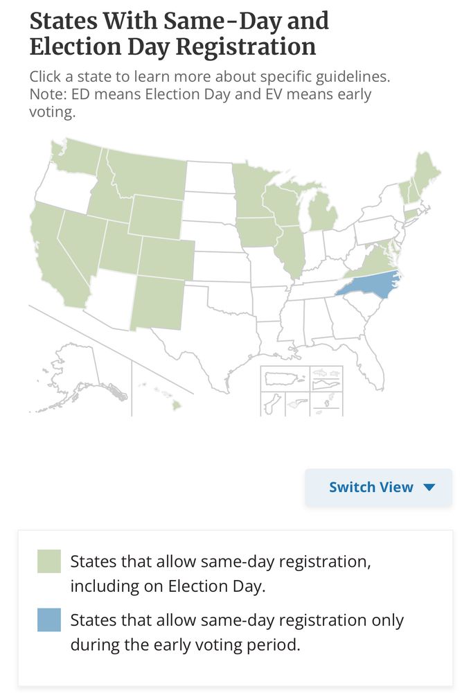 A US map showing the states with Election Day registration (WA, CA, ID, MT, CO, UT, WY, NM, MN, IA, WI, IL, MI, VA, MD, CT, NH, VT, ME, HI). NC is marked in a different color since same-day registration is allowed for early voting but not on Election Day.