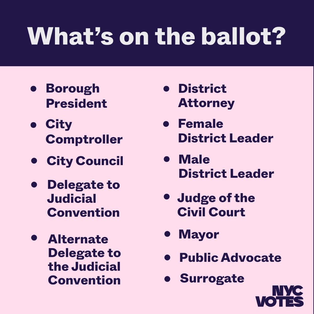 What’s on the ballot? 

Borough President
City Comptroller
City Council
Delegate to Judicial Convention
Alternate Delegate to the Judicial Convention
District Attorney
Female District Leader
Male District Leader
Judge of the Civil Court
Mayor
Public Advocate
Surrogate
