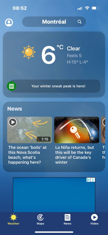 Home page for Montreal on The Weather Network
saying 6C but feels like 4C with clear skies
Picture taken at 8:52,
Underneath various links to weather phenomena