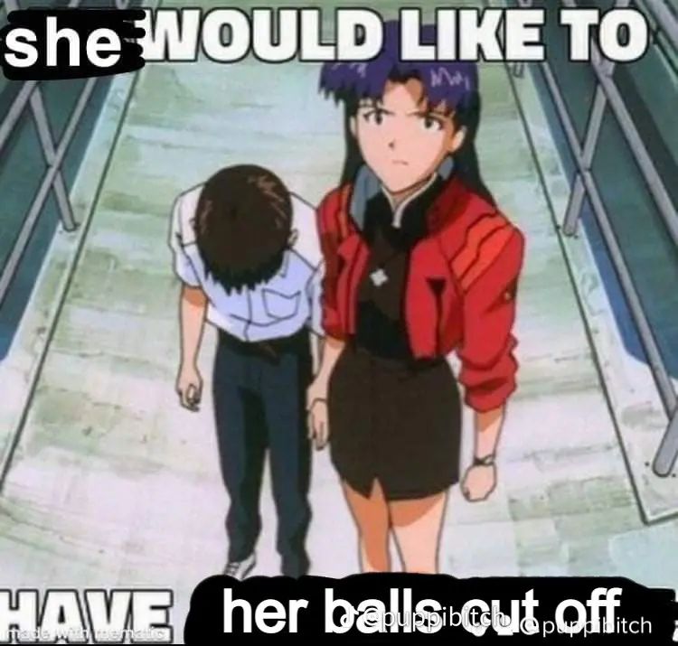 image of Shinji with his head down "She would like to have her balls cut off" 