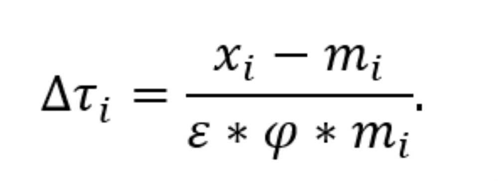 The expression in the image is:
Δτᵢ = (xᵢ - mᵢ) / (ε * φ * mᵢ)
This formula, according to reports from April 3-4, 2025, is used by the Trump administration to calculate proposed "reciprocal" tariffs (a.k.a., import taxes) on imports. 