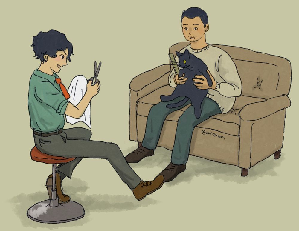 信一と洛軍が向かい合って椅子に座っている　洛軍は黒猫を抱っこしていて、信一は布をハサミで切ろうとしている