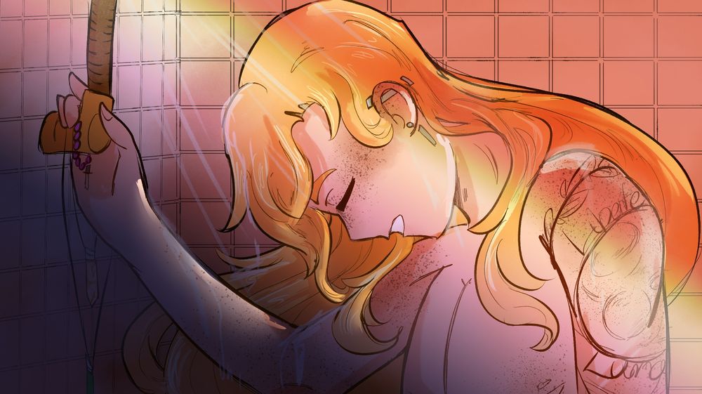 A drawing of Sage McClaren (he/him) in the shower, leaning on the neck of the showerhead.  Several crystal charms dangle off the faucet. He has a tattoo of a moon surrounded by the text "Liberte Luna"