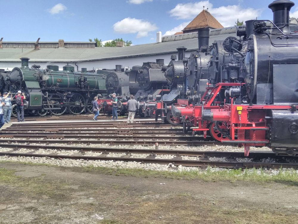 Zahlreiche historische Dampfloks rund um eine Drehscheibe