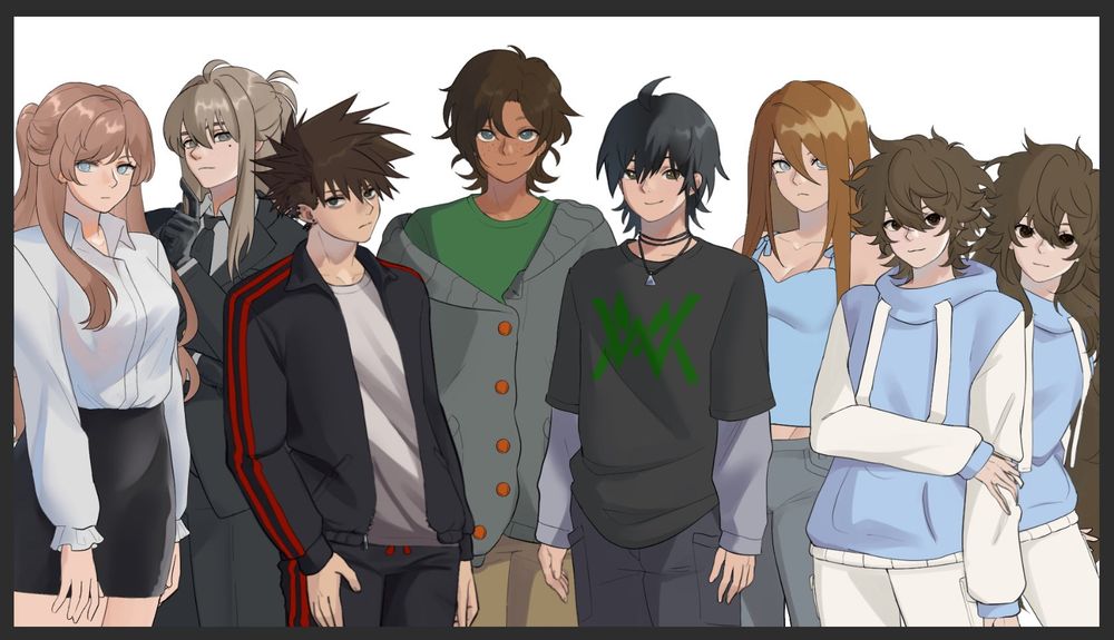 Visual novel sprites of several of my ocs but without their prism mutations and natural hair and eye colors