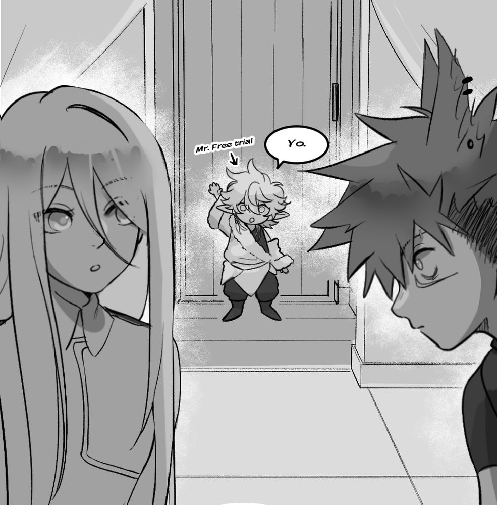 Clair and Yuri staring at Zero’s alt lalafell character who’s waving and saying “Yo.”. Text pointing at Zero: “Mr. Free trial”