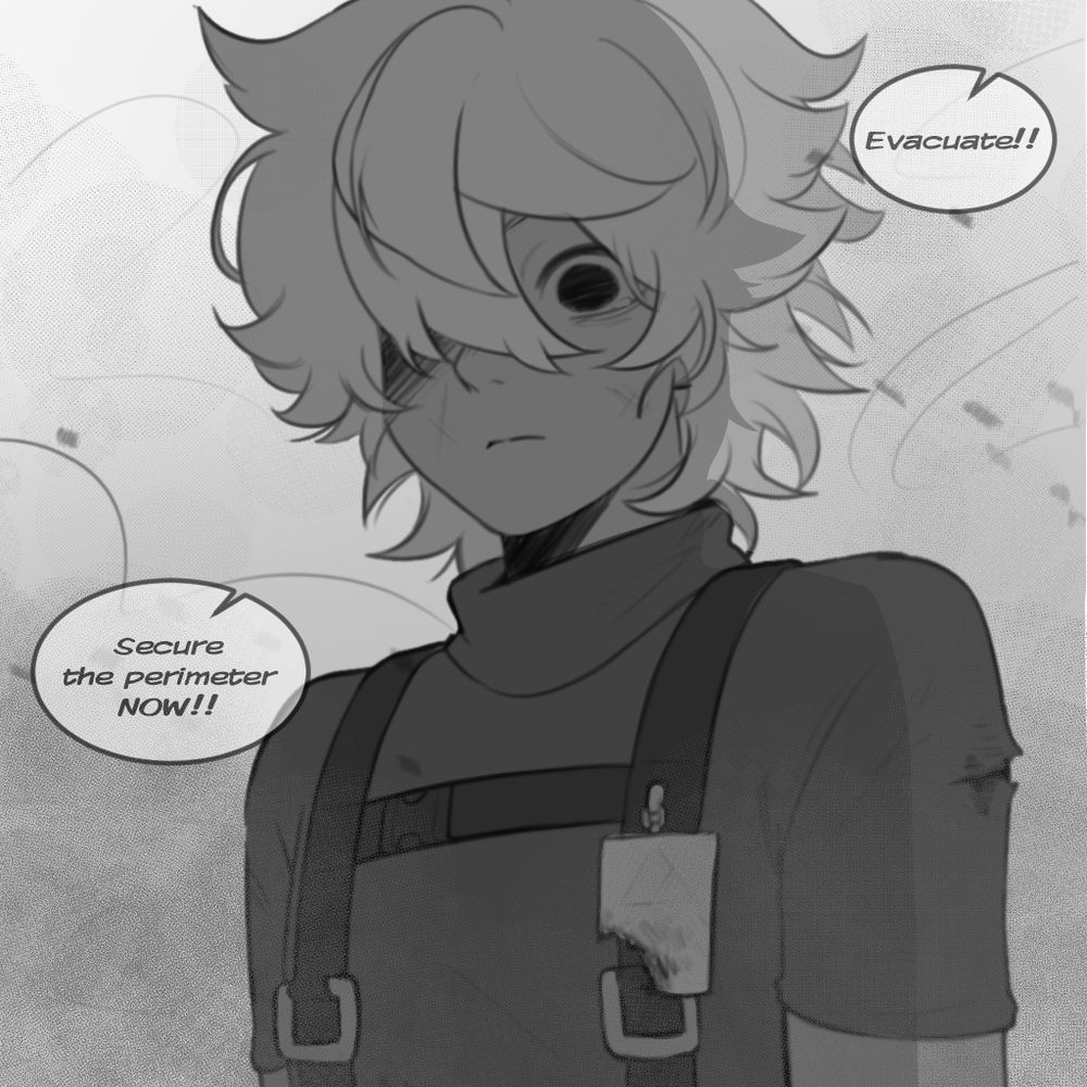 Zero staring at something with a terrified expression. Text: “Evacuate!!” “Secure the perimeter now!!”