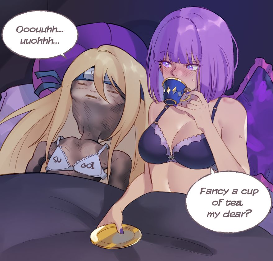 Violet and dehydrated Clair sharing a bed. Violet is drinking a cup of tea and says “Fancy a cup of tea, my dear?”. Dehydrated Clair responds “Ooouuhh… uuohhh…” in agony