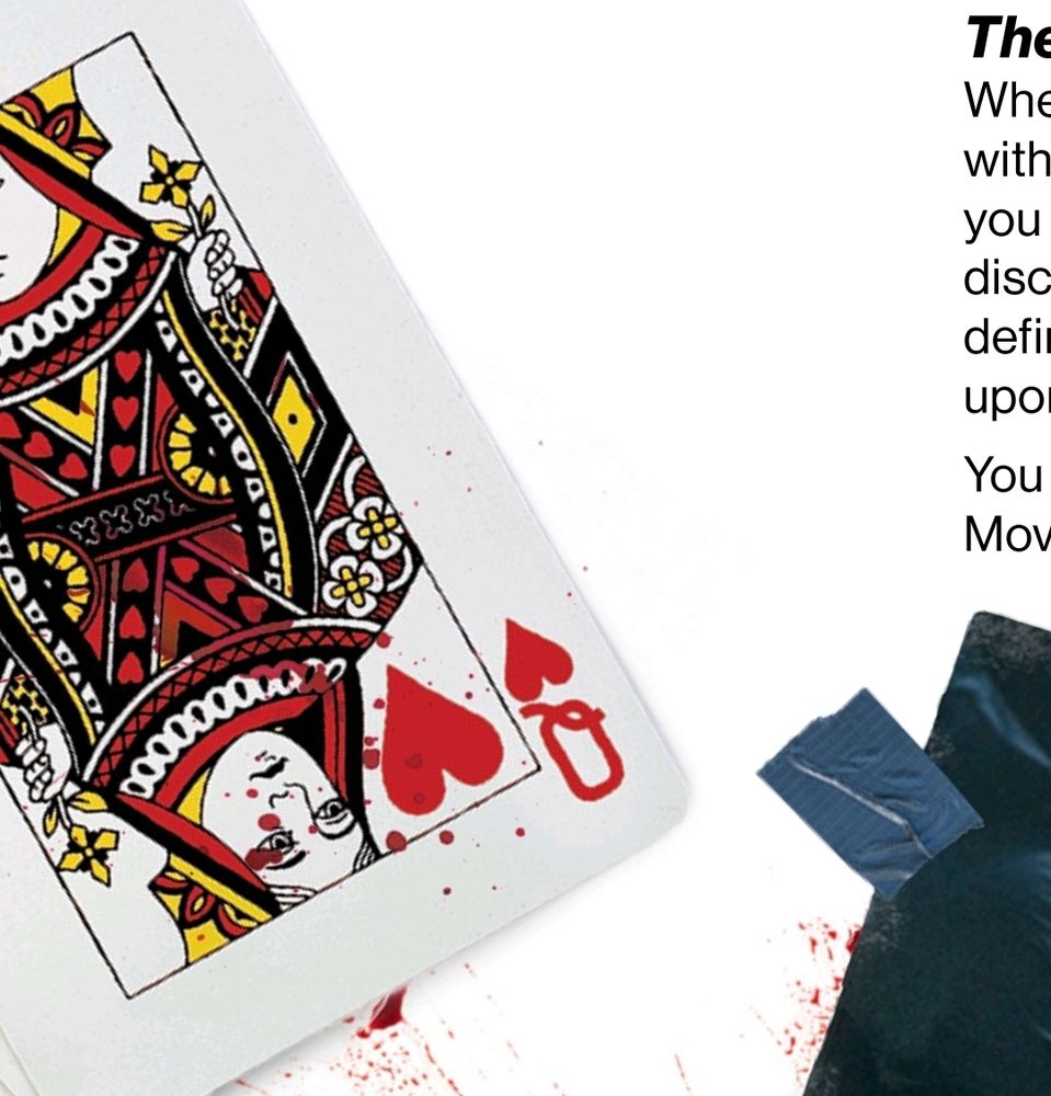 An image from a spread within the game Trust Fall. On a blood-spattered white background sits the playing card the queen of hearts (left) and something duct taped to the page (right).
