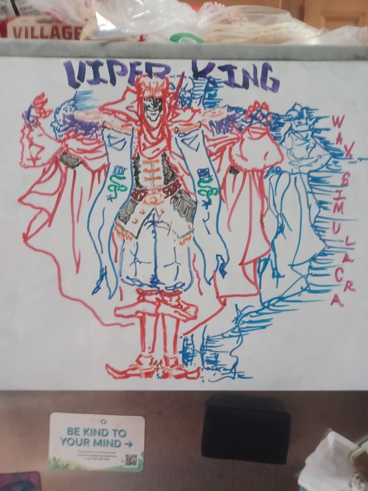 OC who is supposed to be a king or high power figure in my manga project. The name Viper King is from the Dream Theater song, and Wax Simulacra, which references his shadow, is from the Mars Volta song.