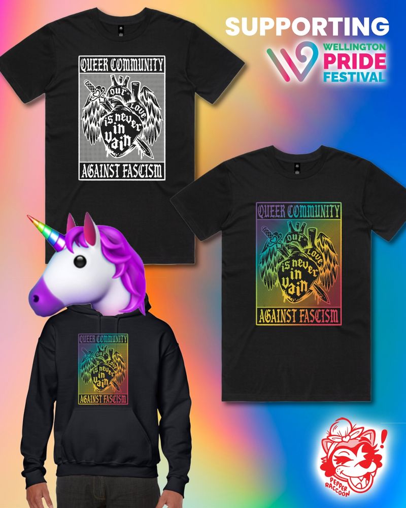 A digital flatlay of two black tees and a hoodie with Queer Communities Against Fascism, and an artwork of an anatomical heart with a dagger thru it that says Our Love Is Never In Vain.