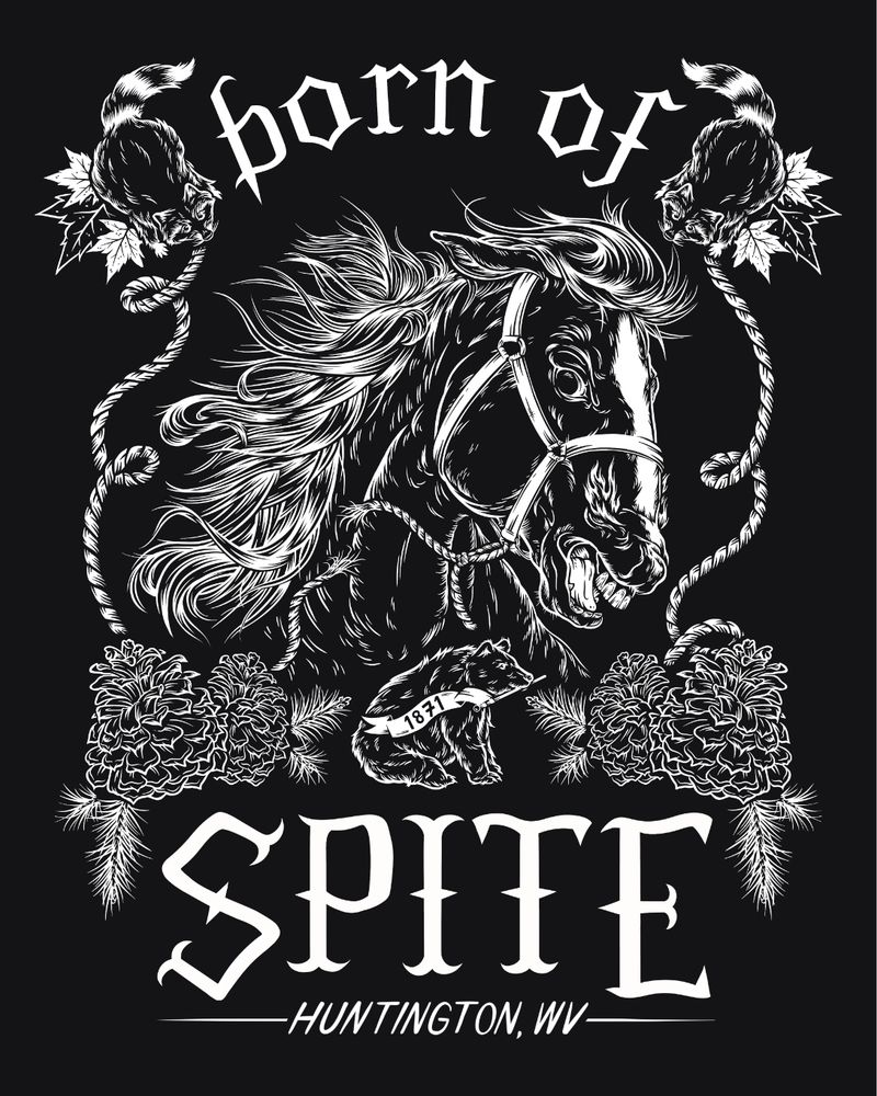 A screenprint design of a screaming horse that's broken loose from its tether, with flames coming from its nostrils. The text says born of SPITE, Huntington, WV. There are pinecones, a bear with a small year flag, raccoons, and maple leaves