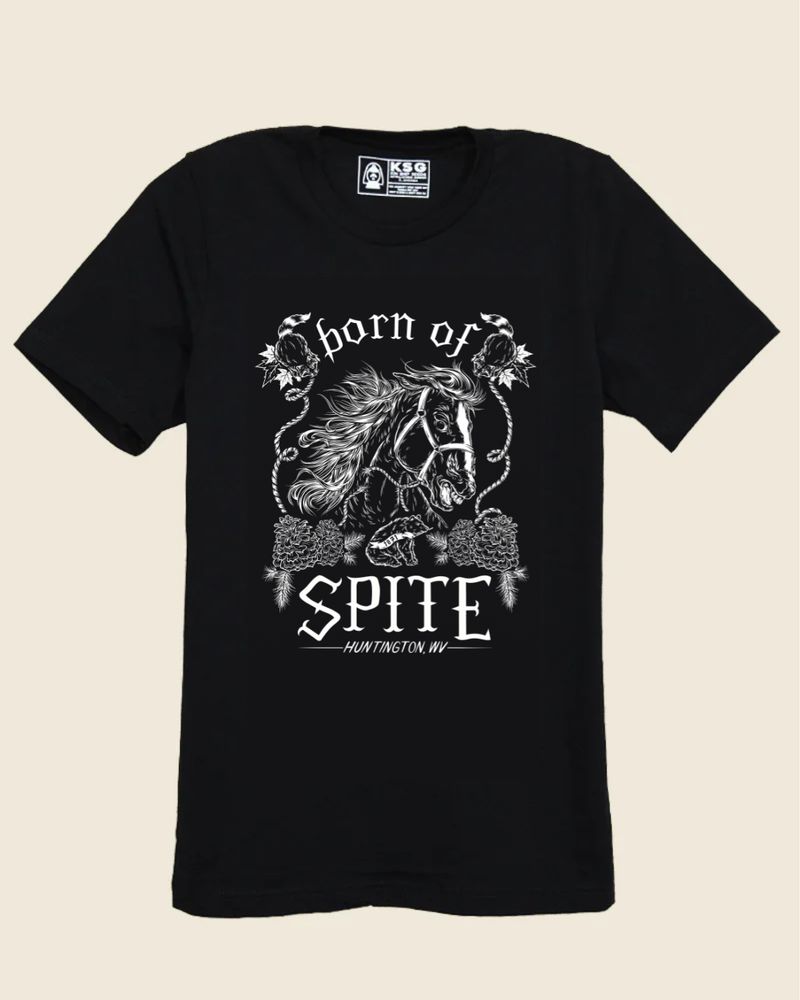 A screenprint design of a screaming horse that's broken loose from its tether, with flames coming from its nostrils. The text says born of SPITE, Huntington, WV. There are pinecones, a bear with a small year flag, raccoons, and maple leaves.