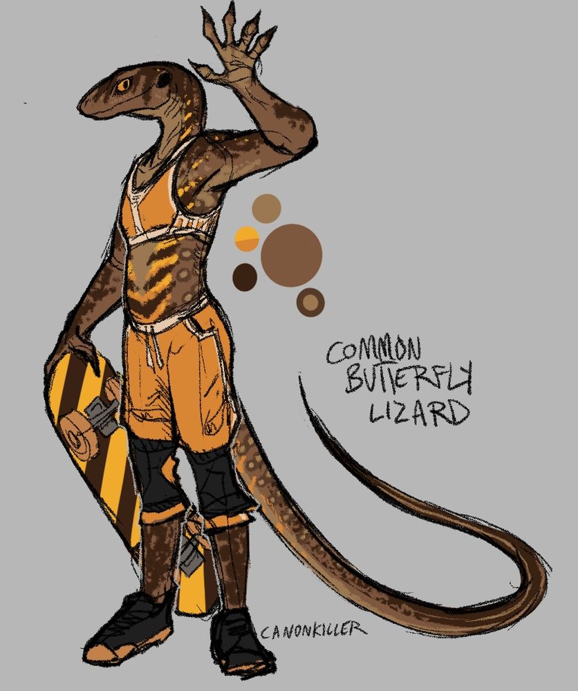A design of an anthro common butterfly lizard woman. She's a lanky skateboarder.