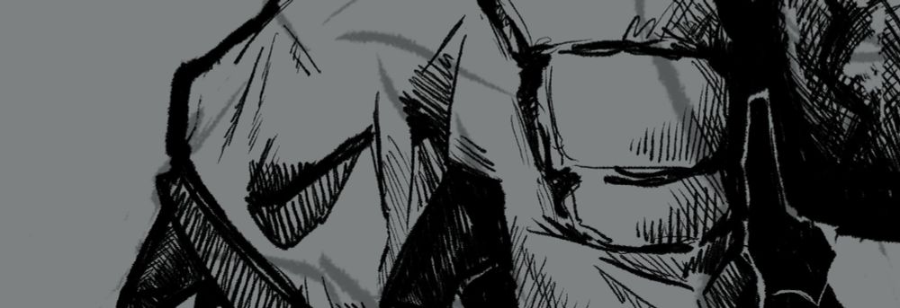 A cropped illustration of an OC in a leather dinosaur mask, leaning forward.