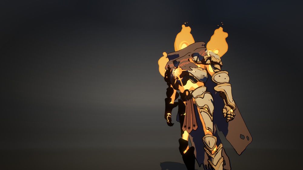 an armored knight against a featureless grey background. the knight's head is made of fire, and his molten body is visible through cracks in the armor.