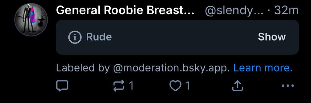 A screenshot of the above skeet being hidden with a Bluesky moderation label identifying the post as "rude"