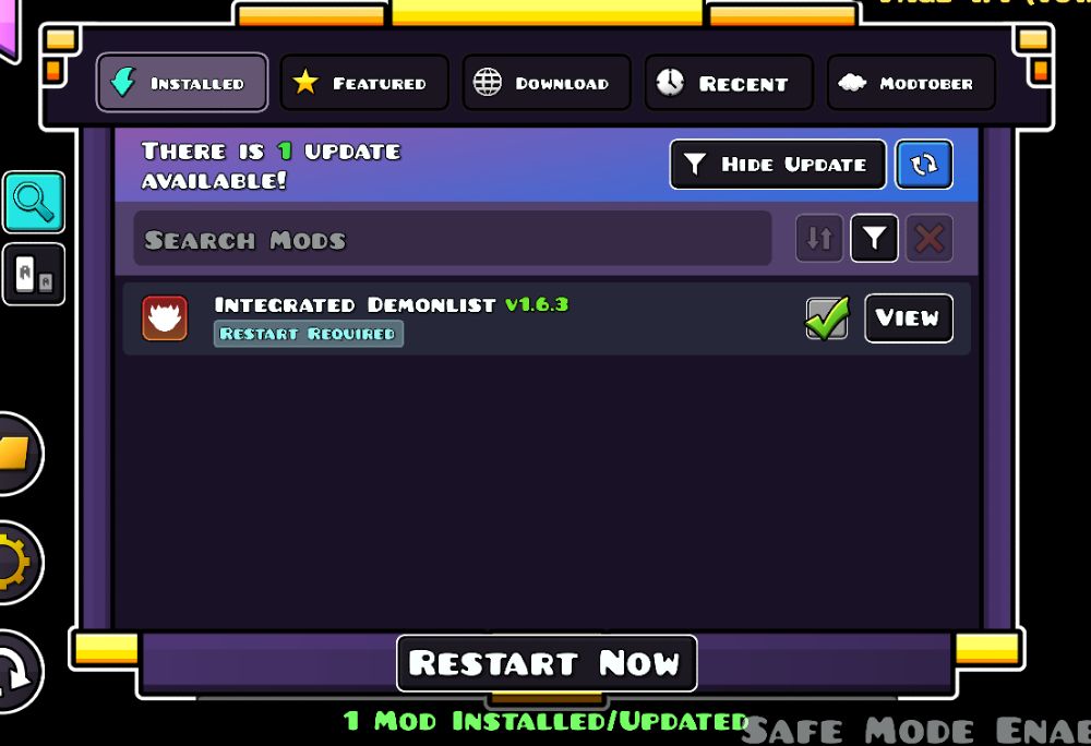 Screenshot showing how to update "Integrated Demonlist" while safe mode is enabled.