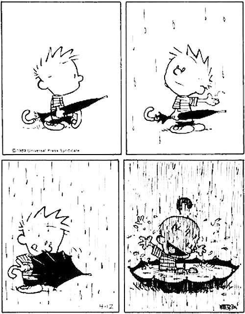 A four panel comic of Calvin in the rain, opening up his umbrella to make a puddle and playing in it 