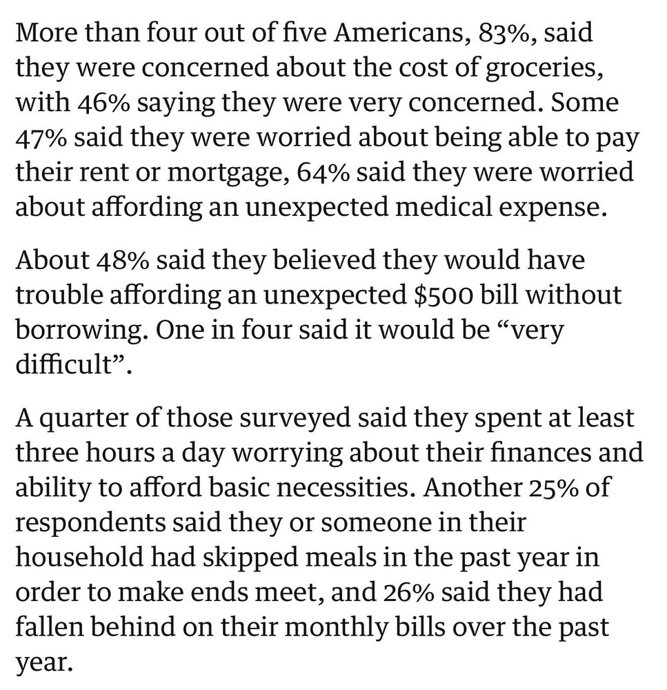 More than four out of five Americans, 83%, said they were concerned about the cost of groceries, with 46% saying they were very concerned. Some 47% said they were worried about being able to pay their rent or mortgage, 64% said they were worried about affording an unexpected medical expense.
About 48% said they believed they would have trouble affording an unexpected $500 bill without borrowing. One in four said it would be "very difficult"
A quarter of those surveyed said they spent at least three hours a day worrying about their finances and ability to afford basic necessities. Another 25% of respondents said they or someone in their household had skipped meals in the past year in order to make ends meet, and 26% said they had fallen behind on their monthly bills over the past year.