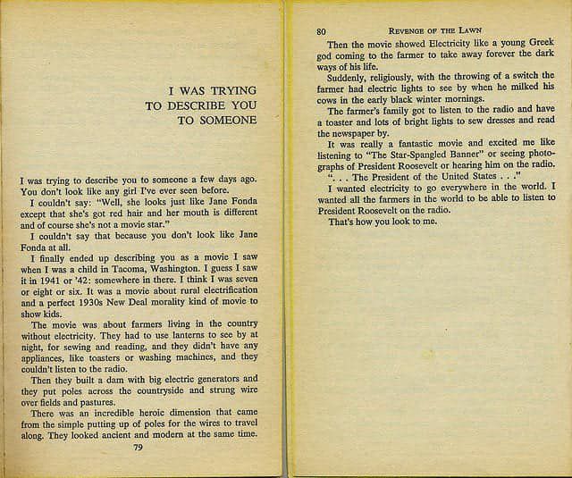 “I was trying to describe you to someone” from Brautigan’s “revenge of the lawn”