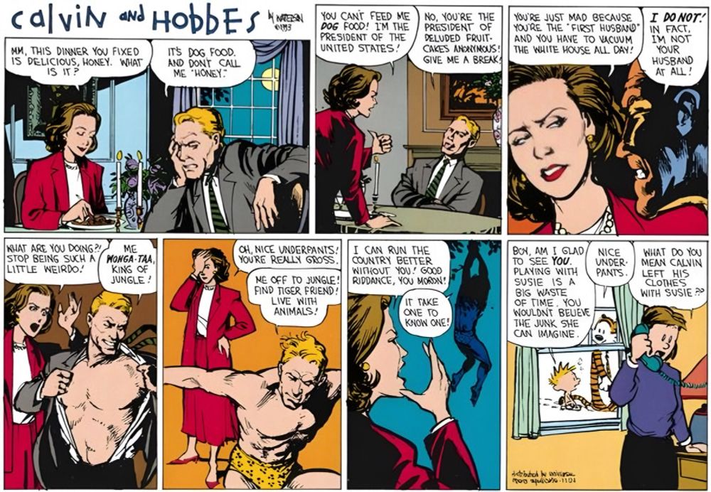 A “Calvin and Hobbes” comic strip begins with Calvin and Susie playing an elaborate pretend scenario. In their fantasy, Susie plays the composed, sarcastic wife of Calvin, who imagines himself as the delusional president of the United States. During a candlelit dinner, Susie sarcastically compliments the food, which Calvin declares is dog food, telling her not to call him “honey.” Their argument escalates comically, with Calvin insisting he can’t be fed dog food because he’s president, while Susie mocks him as president of “Deluded Fruitcakes Anonymous.” She accuses him of being upset over being the “first husband” who vacuums all day. Calvin angrily denies being her husband.

He dramatically tears off his suit, announcing himself as “Wonga-Taa, King of Jungle!” and storms off in spotted underwear to find his tiger friend and live with animals. Susie calls his underpants gross and shouts insults as he swings away on vines. In the final panel, Calvin’s mom, watching from inside, talks on the phone and says, “What do you mean Calvin left his clothes with Susie?” while Calvin and Hobbes play outside in the yard.
