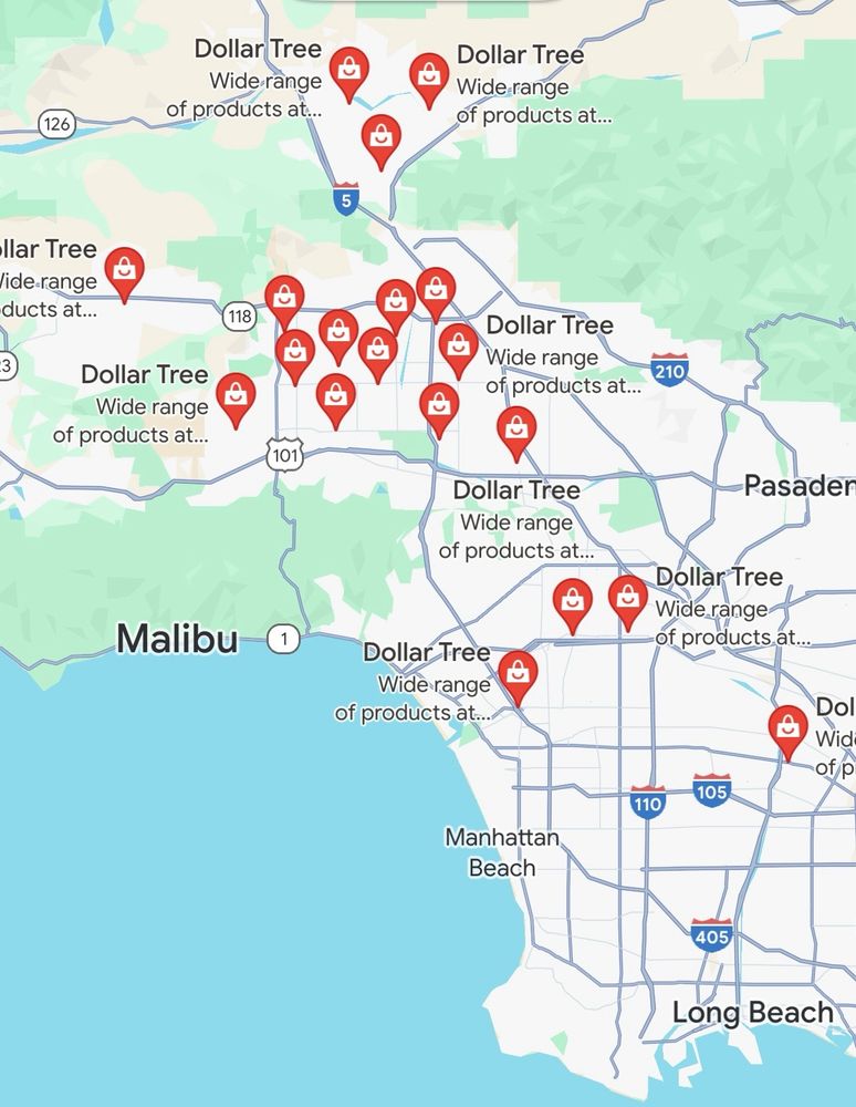 For the first image:
A map highlighting multiple Whole Foods Market locations with red location markers in the Los Angeles area, showing clusters particularly around downtown and Pasadena.

For this image:
A map displaying numerous Dollar Tree store locations with red location markers across the Los Angeles area, with a notable concentration along the 101 freeway and in the Pasadena region.

These descriptions provide a visual understanding of the distribution of these stores across the cityscape.