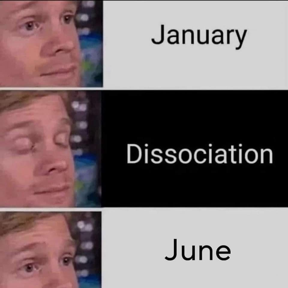 Three-panel image with the following elements:

1. The top panel shows a man with a neutral expression, labeled "January" on the right.
2. The middle panel shows the same man with his eyes closed and a content expression, labeled "Dissociation" on the right.
3. The bottom panel shows the same man again with a neutral expression, labeled "June" on the right.