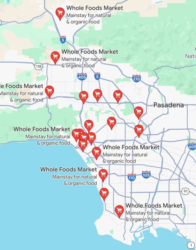 Putting both alts in each image to have the comparison: 

For this image:
A map highlighting multiple Whole Foods Market locations with red location markers in the Los Angeles area, showing clusters particularly around downtown and Pasadena.

For the second image:
A map displaying numerous Dollar Tree store locations with red location markers across the Los Angeles area, with a notable concentration along the 101 freeway and in the Pasadena region.

These descriptions provide a visual understanding of the distribution of these stores across the cityscape.
