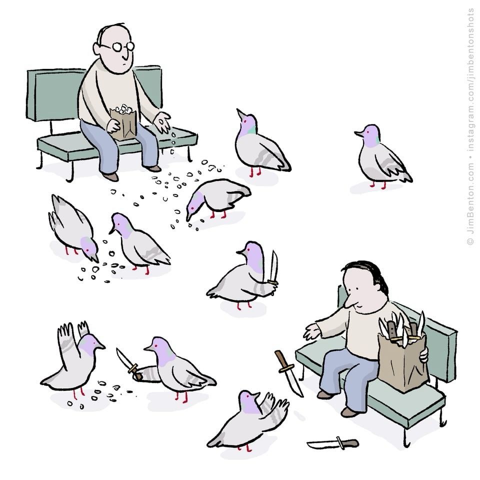 A cartoon showing two people sitting on benches. The man on the left is feeding pigeons with breadcrumbs, while several pigeons peck at the ground. The man on the right holds a grocery bag with loaves of bread, looking concerned as pigeons around him hold small knives. One pigeon has a knife on the ground in front of it, and another pigeon is passing a knife to another.