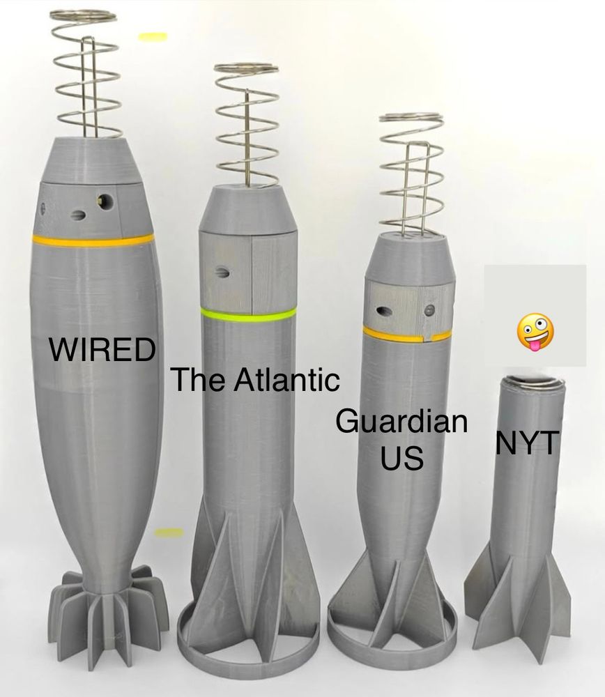 Four gray 3D-printed bomb-shaped objects with metal springs protruding from the tops are arranged in descending height from left to right. Each has a horizontal colored stripe near the top and a label in black text: the tallest is labeled “WIRED” with a yellow stripe, the second tallest “The Atlantic” with a lime green stripe, the third “Guardian US” with a yellow stripe, and the shortest “NYT” without a stripe. To the right of the objects is a tilted face emoji with one eye closed, the other open, and its tongue sticking out.