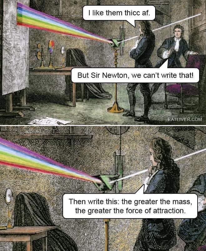 Cartoon depicting a scene with Sir Isaac Newton and another man standing side-by-side. Text bubbles appear above their heads. The first man says "I like them thicc af." The second man, labeled Sir Newton, replies "But Sir Newton, we can't write that! Then write this: the greater the mass, the greater the force of attraction."