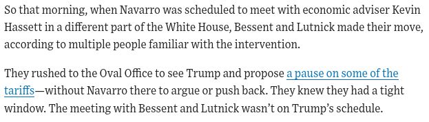 Bessent and Lutnik waited until Navaro was busy, then rushed to the oval office to plead with trump to pause tariffs other than the blanket 10%.
